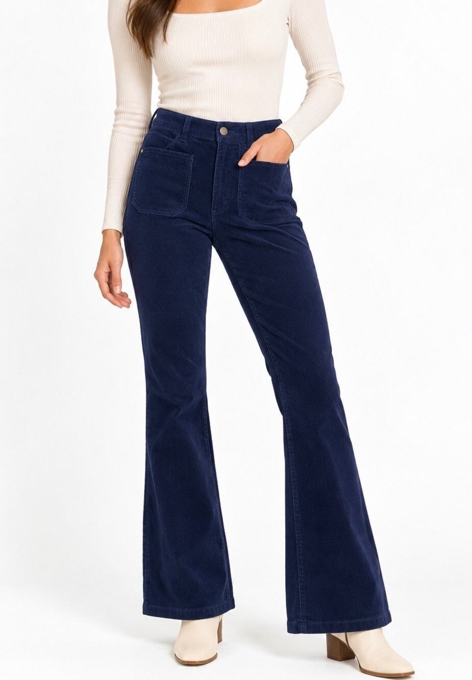 Quince Organic Stretch Corduroy Flare Pants Deep Navy Patch Pocket Size 6